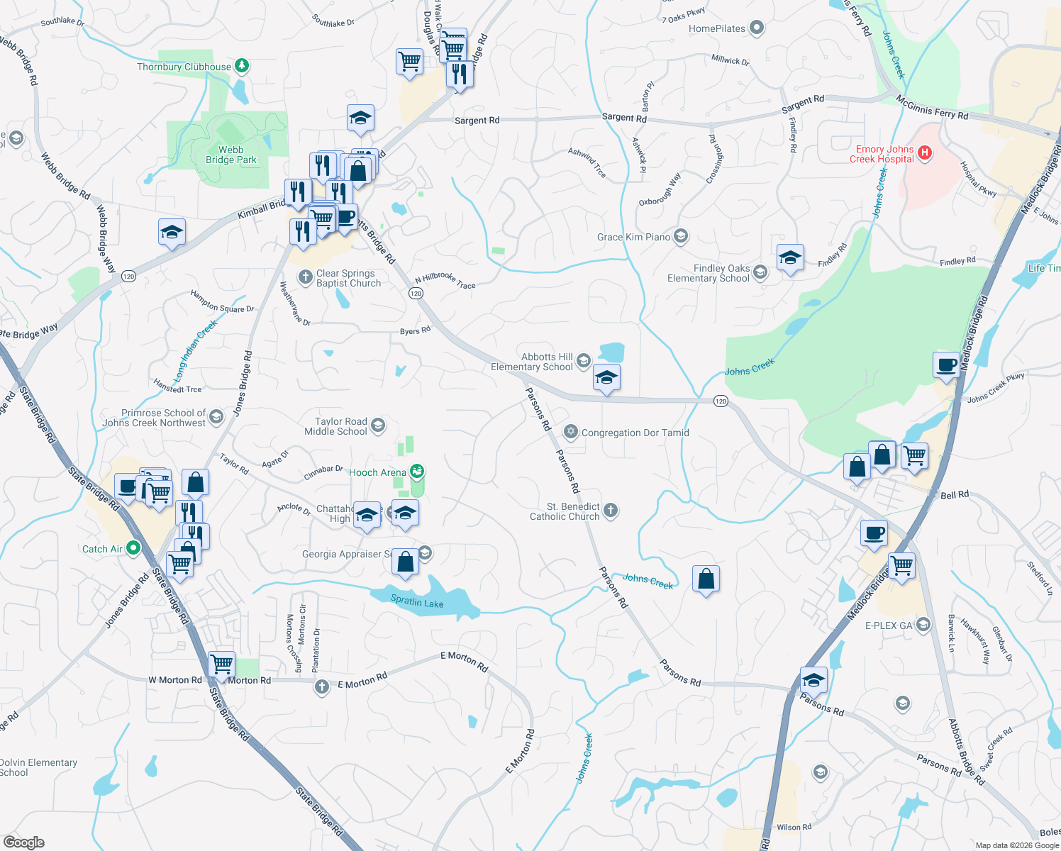 map of restaurants, bars, coffee shops, grocery stores, and more near 11205 Linbrook Ln in Duluth