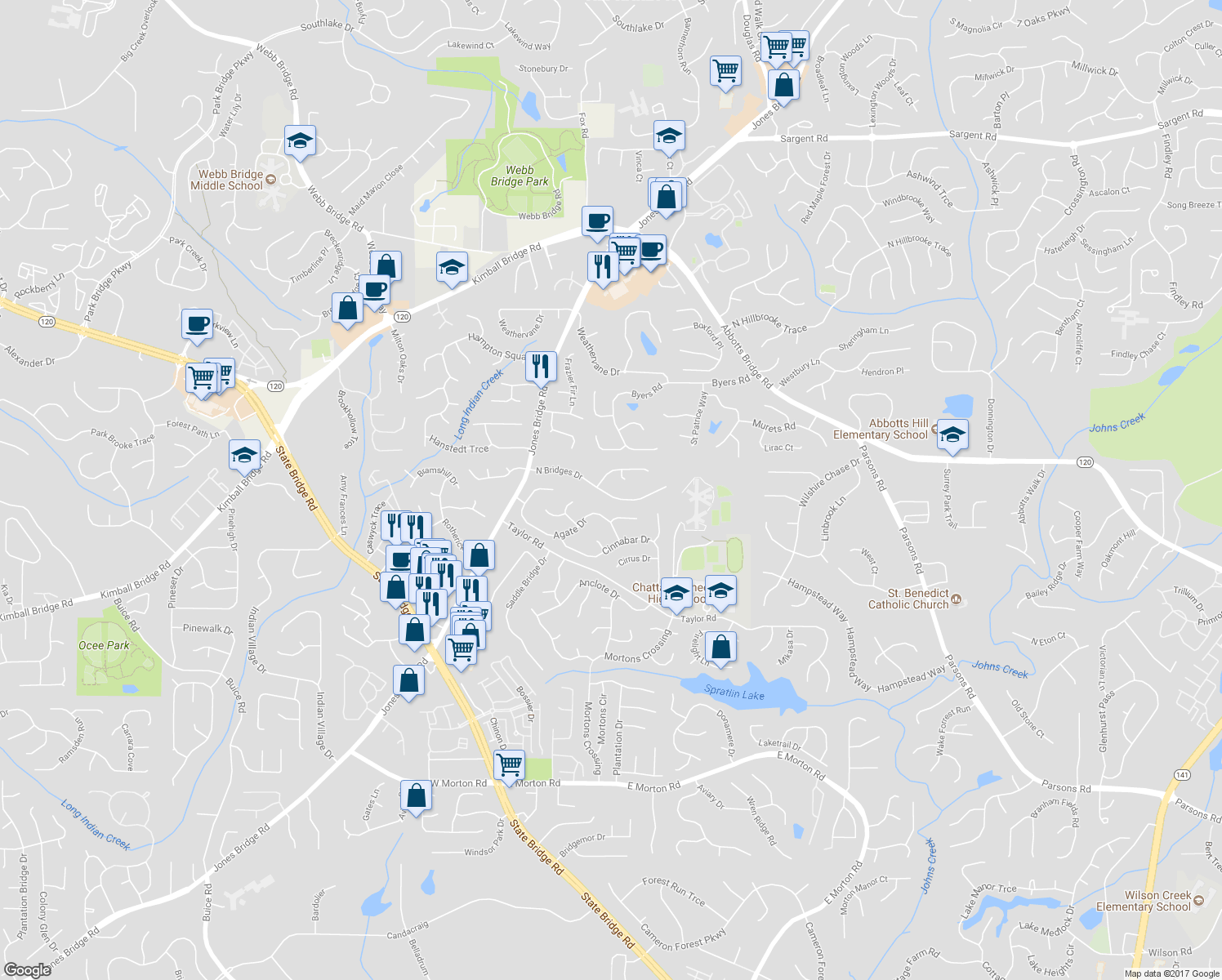 map of restaurants, bars, coffee shops, grocery stores, and more near 5030 North Bridges Drive in Alpharetta
