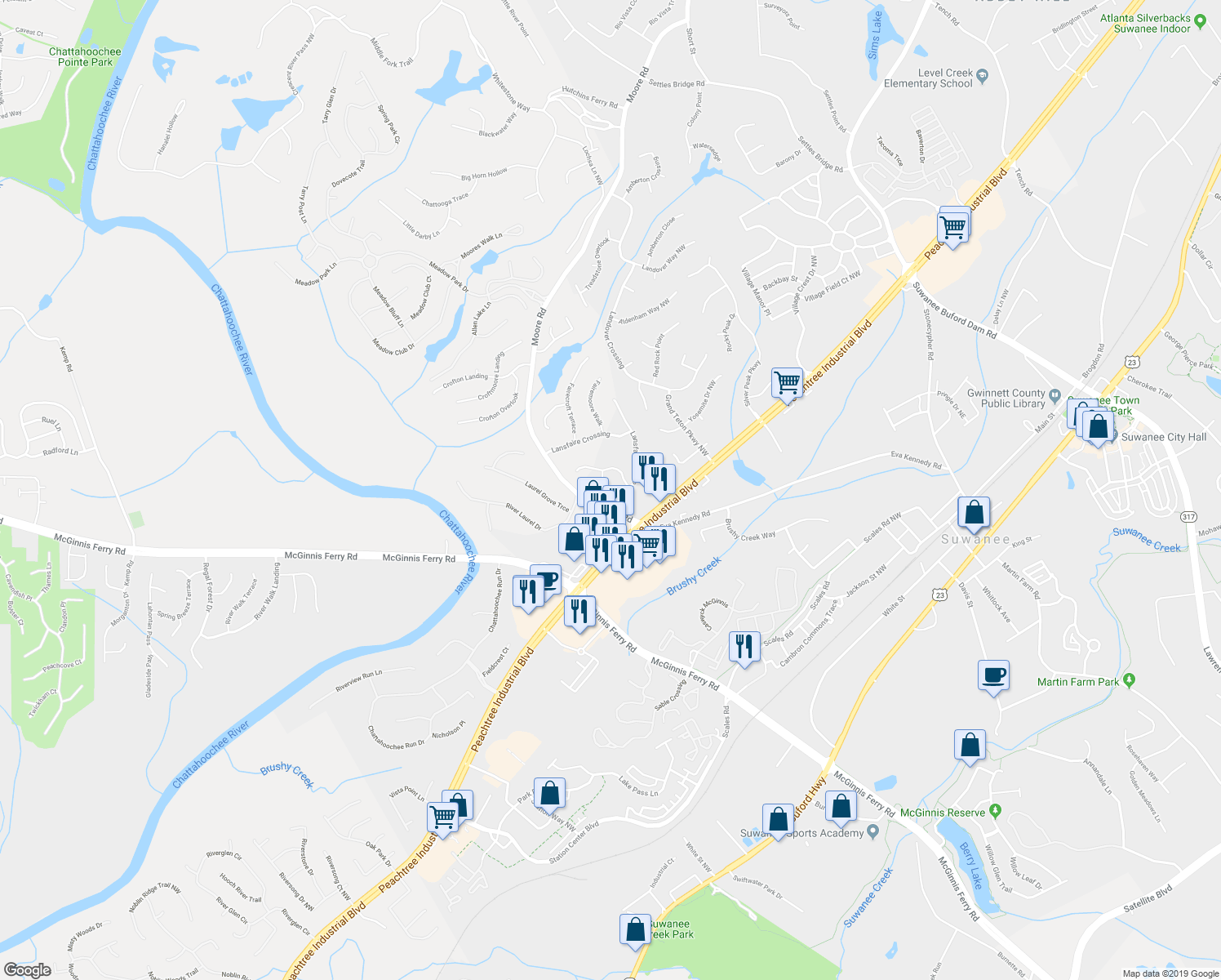 map of restaurants, bars, coffee shops, grocery stores, and more near 4140 Lansfaire Terrace in Suwanee