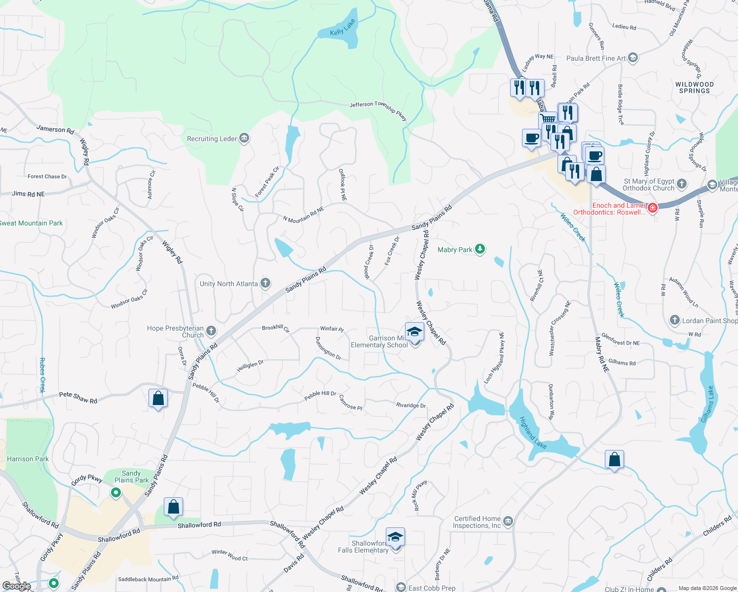 map of restaurants, bars, coffee shops, grocery stores, and more near 4314 Fox Wood Ct in Marietta