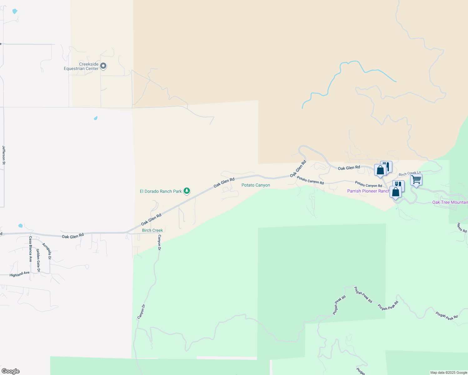 map of restaurants, bars, coffee shops, grocery stores, and more near 37547 Oak Glen Road in Yucaipa