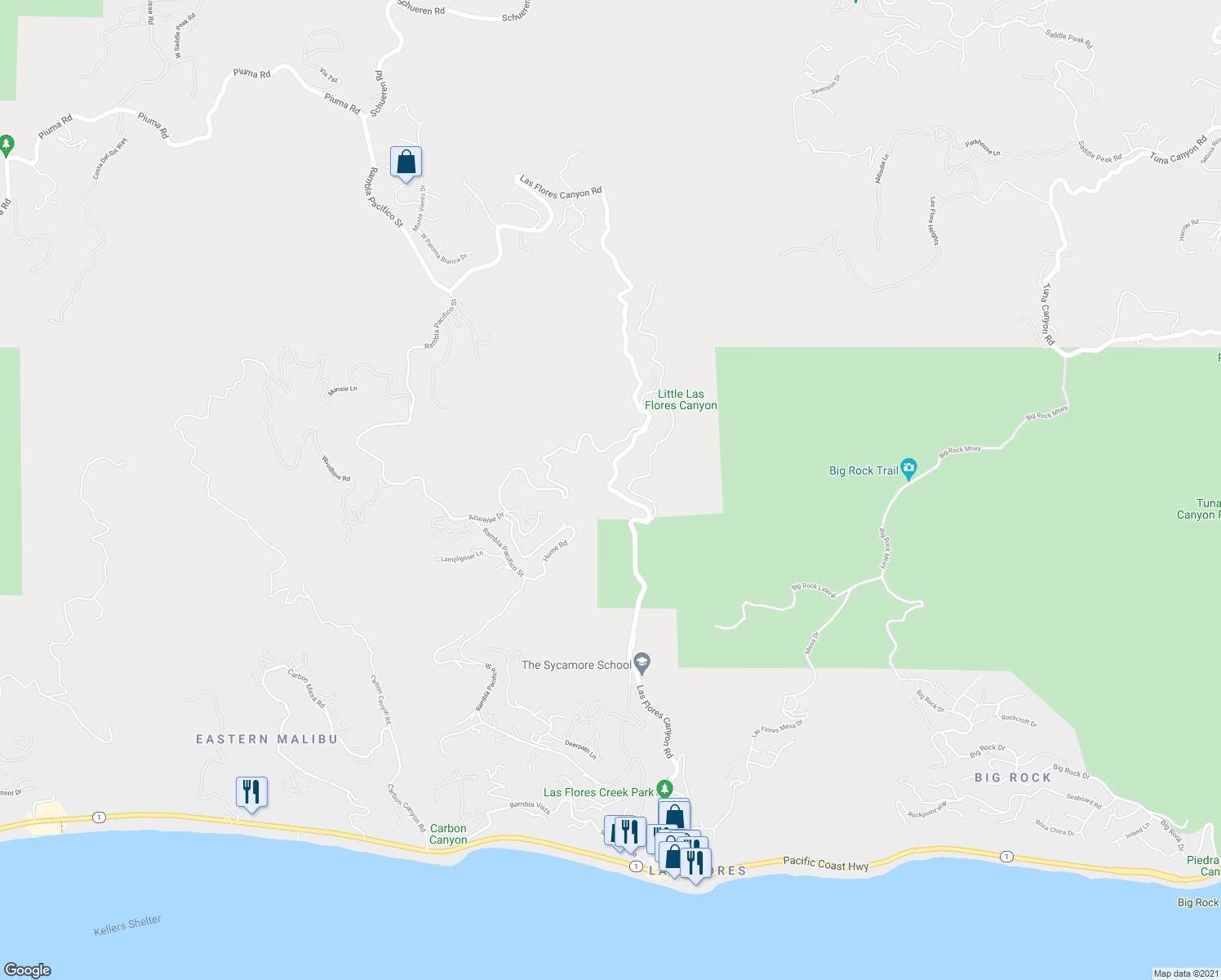 map of restaurants, bars, coffee shops, grocery stores, and more near Las Flores Canyon Road in Malibu