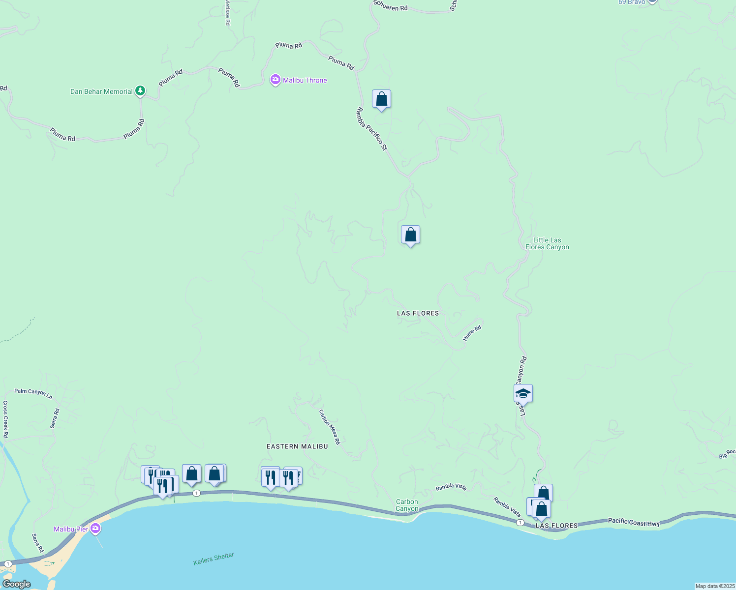 map of restaurants, bars, coffee shops, grocery stores, and more near 2501 Rambla Pacifico Street in Malibu