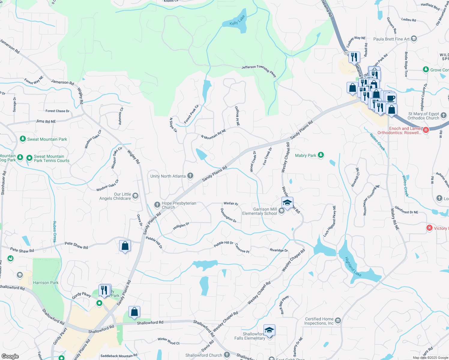 map of restaurants, bars, coffee shops, grocery stores, and more near 4231 Shamans Drive in Marietta