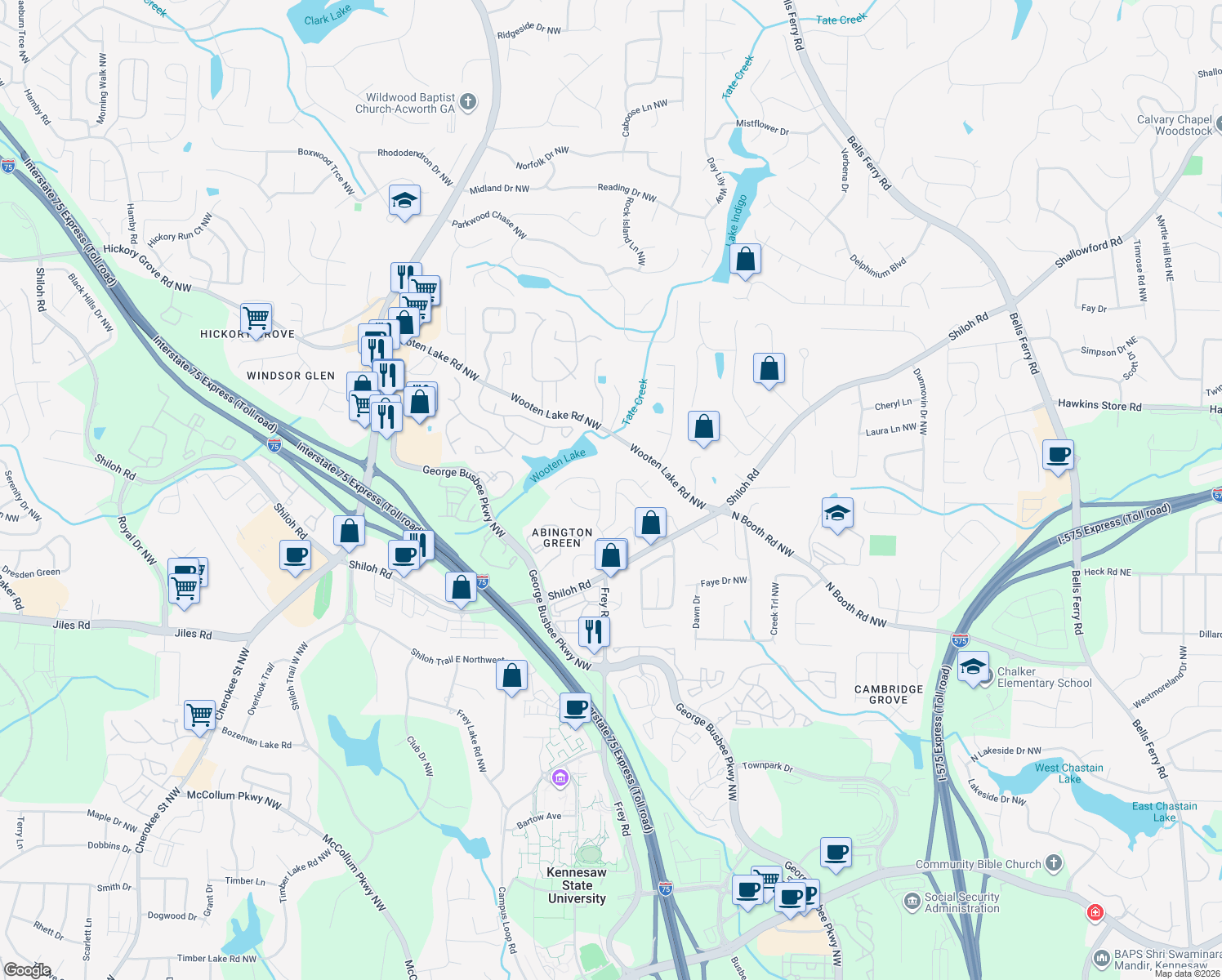 map of restaurants, bars, coffee shops, grocery stores, and more near 4217 Abington Walk NW in Kennesaw
