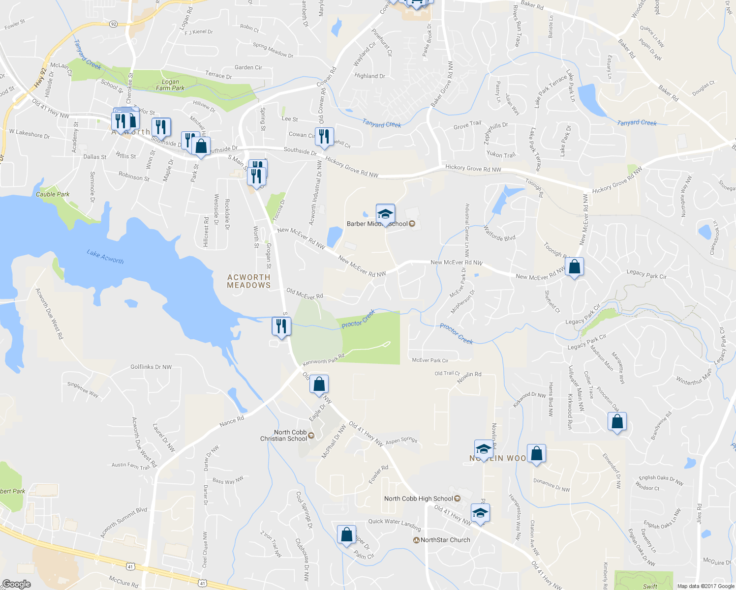 map of restaurants, bars, coffee shops, grocery stores, and more near 3610 High Battery Bluff in Acworth