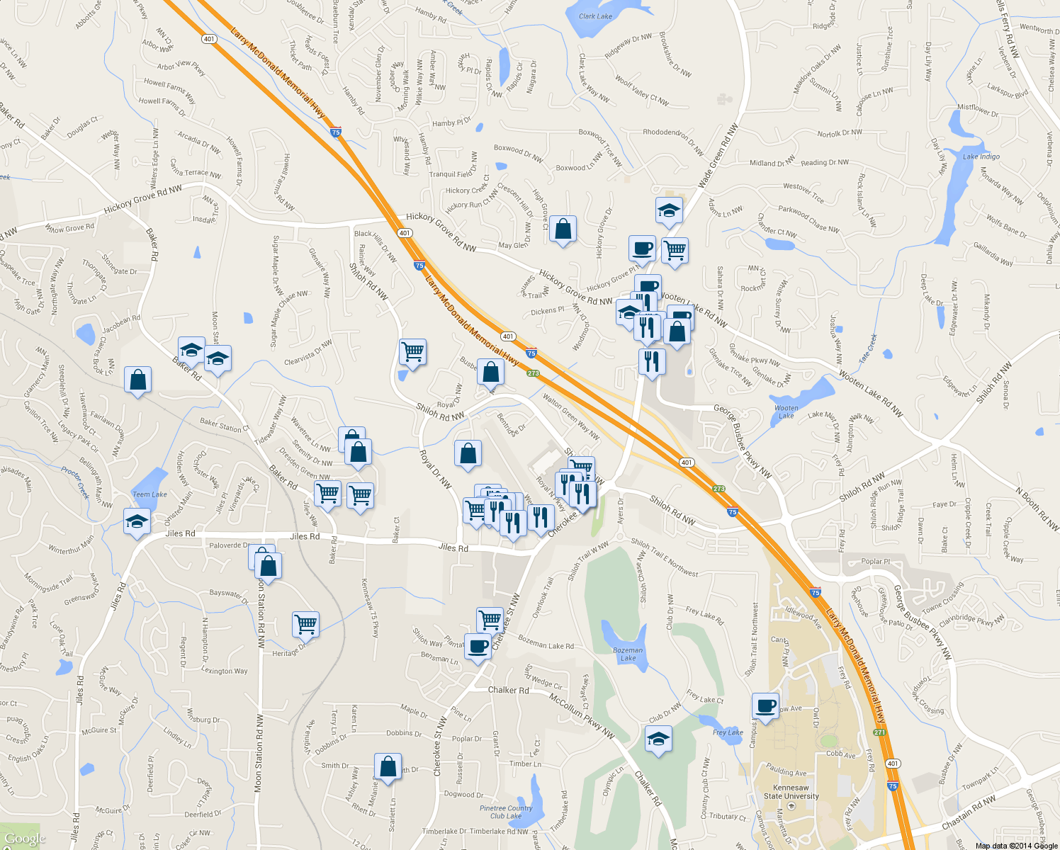 map of restaurants, bars, coffee shops, grocery stores, and more near 1707 Bentridge Drive in Kennesaw