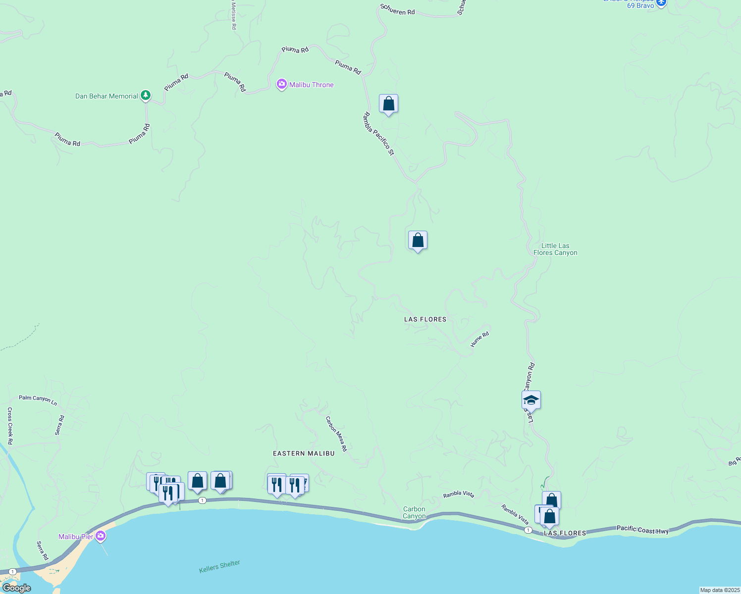map of restaurants, bars, coffee shops, grocery stores, and more near 2501 Rambla Pacifico Street in Malibu