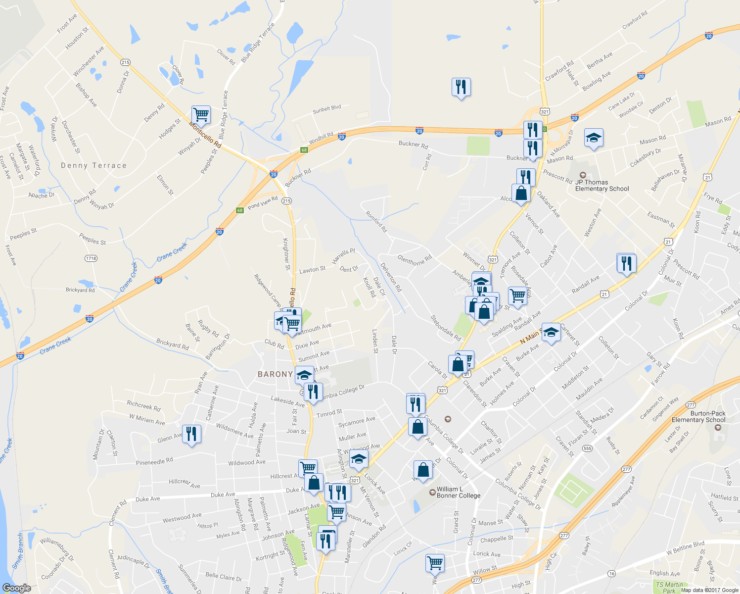 map of restaurants, bars, coffee shops, grocery stores, and more near 5415 Knoll Road in Columbia