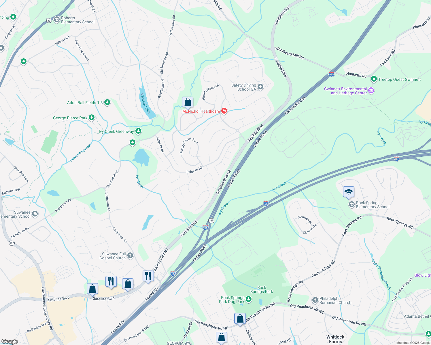 map of restaurants, bars, coffee shops, grocery stores, and more near 222 Rutlidge Park Lane in Suwanee