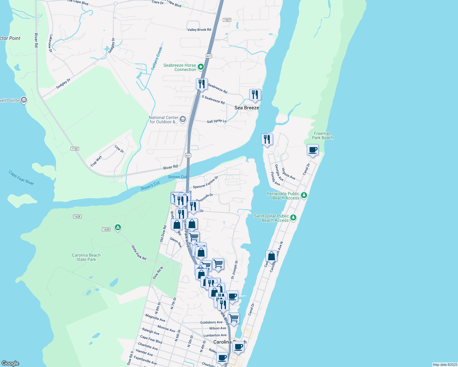 map of restaurants, bars, coffee shops, grocery stores, and more near 225 Silver Sloop Way in Carolina Beach