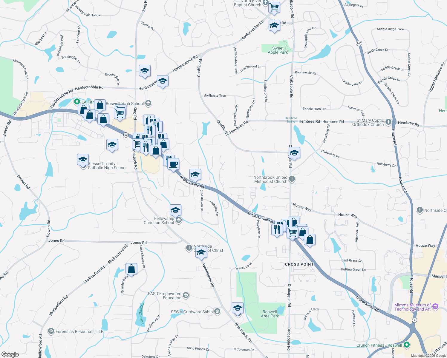 map of restaurants, bars, coffee shops, grocery stores, and more near 605 Red Oak Ct in Roswell