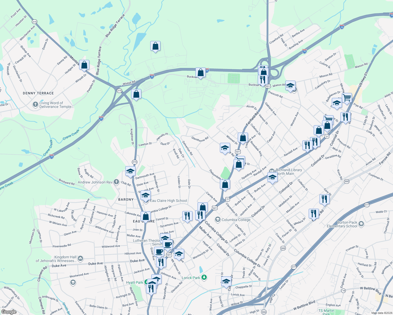 map of restaurants, bars, coffee shops, grocery stores, and more near 850 Delverton Road in Columbia