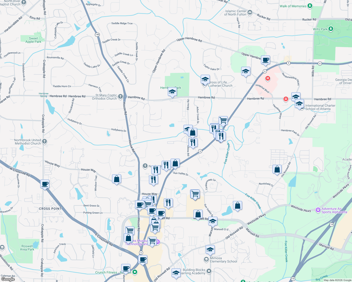 map of restaurants, bars, coffee shops, grocery stores, and more near 401 Bombay Ln in Roswell