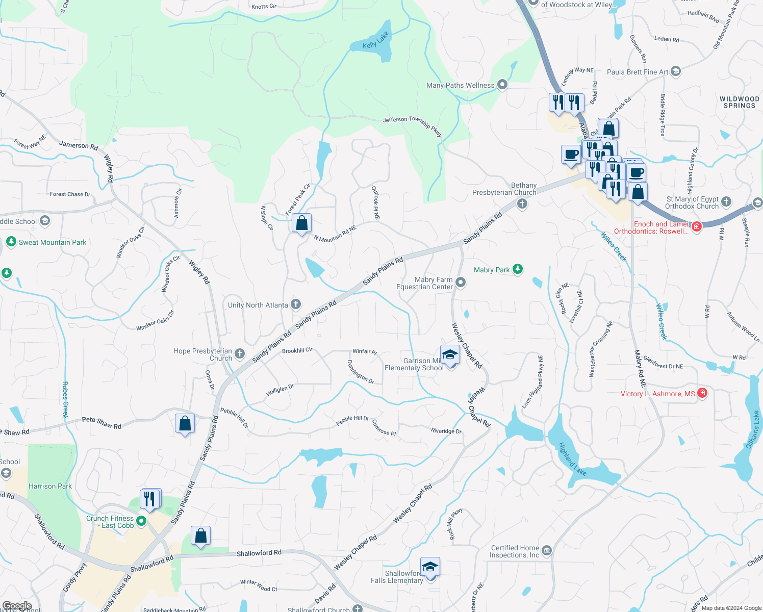 map of restaurants, bars, coffee shops, grocery stores, and more near 3705 Running Fox Drive in Marietta