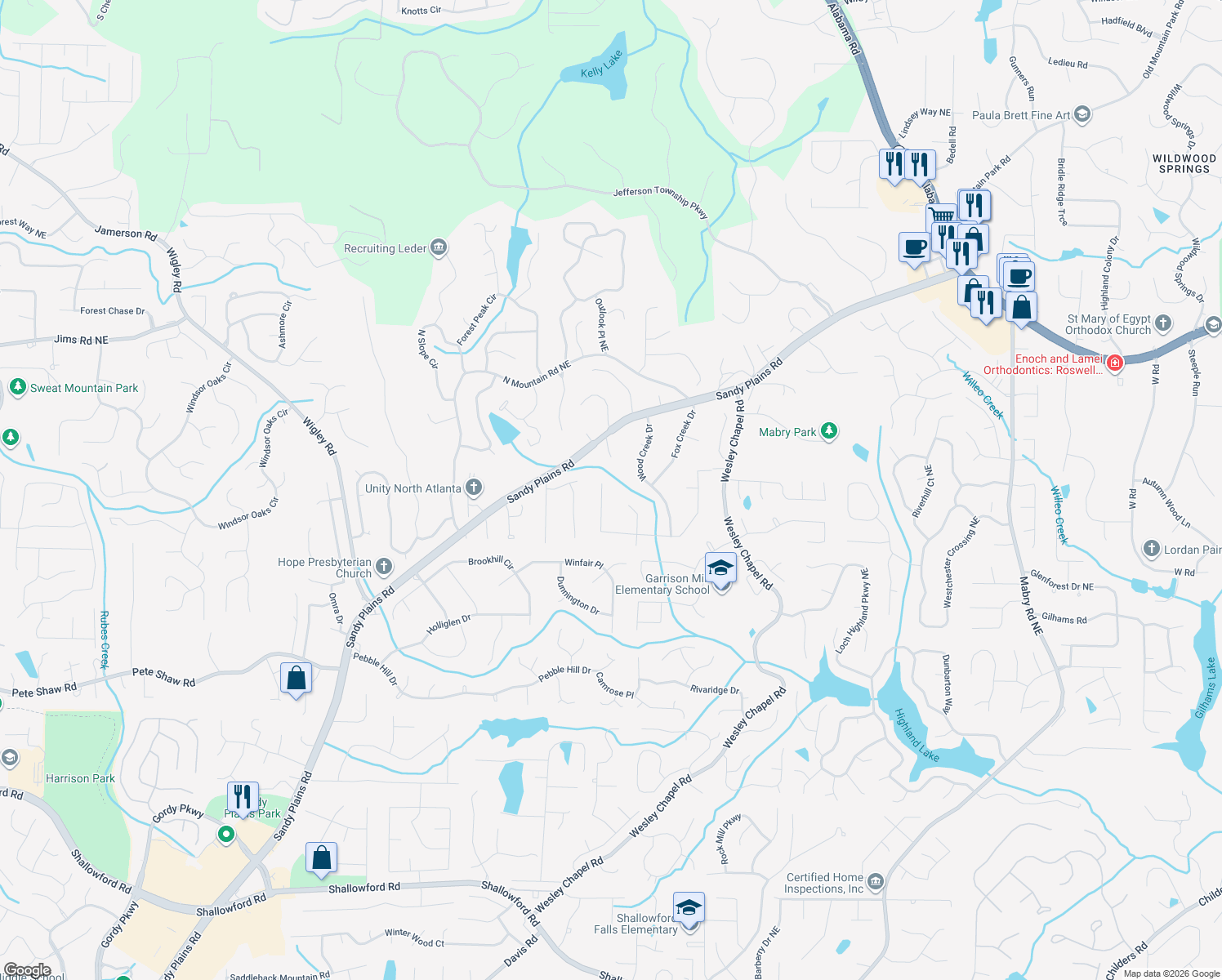 map of restaurants, bars, coffee shops, grocery stores, and more near 3705 Running Fox Dr in Marietta