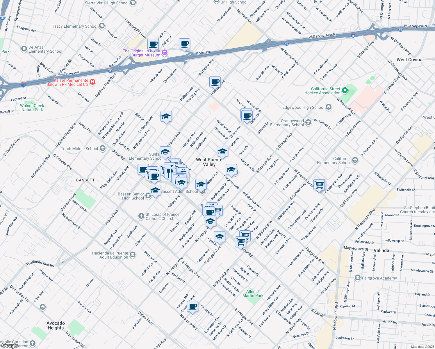 map of restaurants, bars, coffee shops, grocery stores, and more near 14205 Rath Street in La Puente