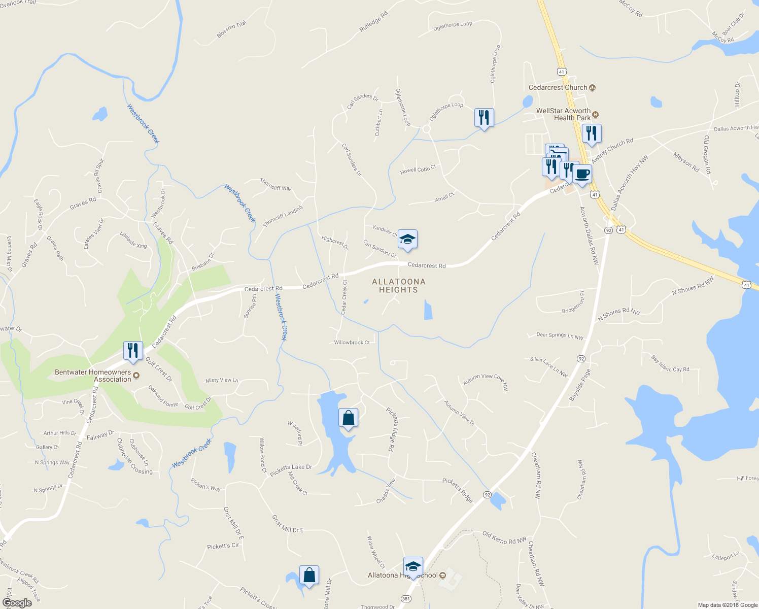 map of restaurants, bars, coffee shops, grocery stores, and more near 56 Running Deer Path in Acworth