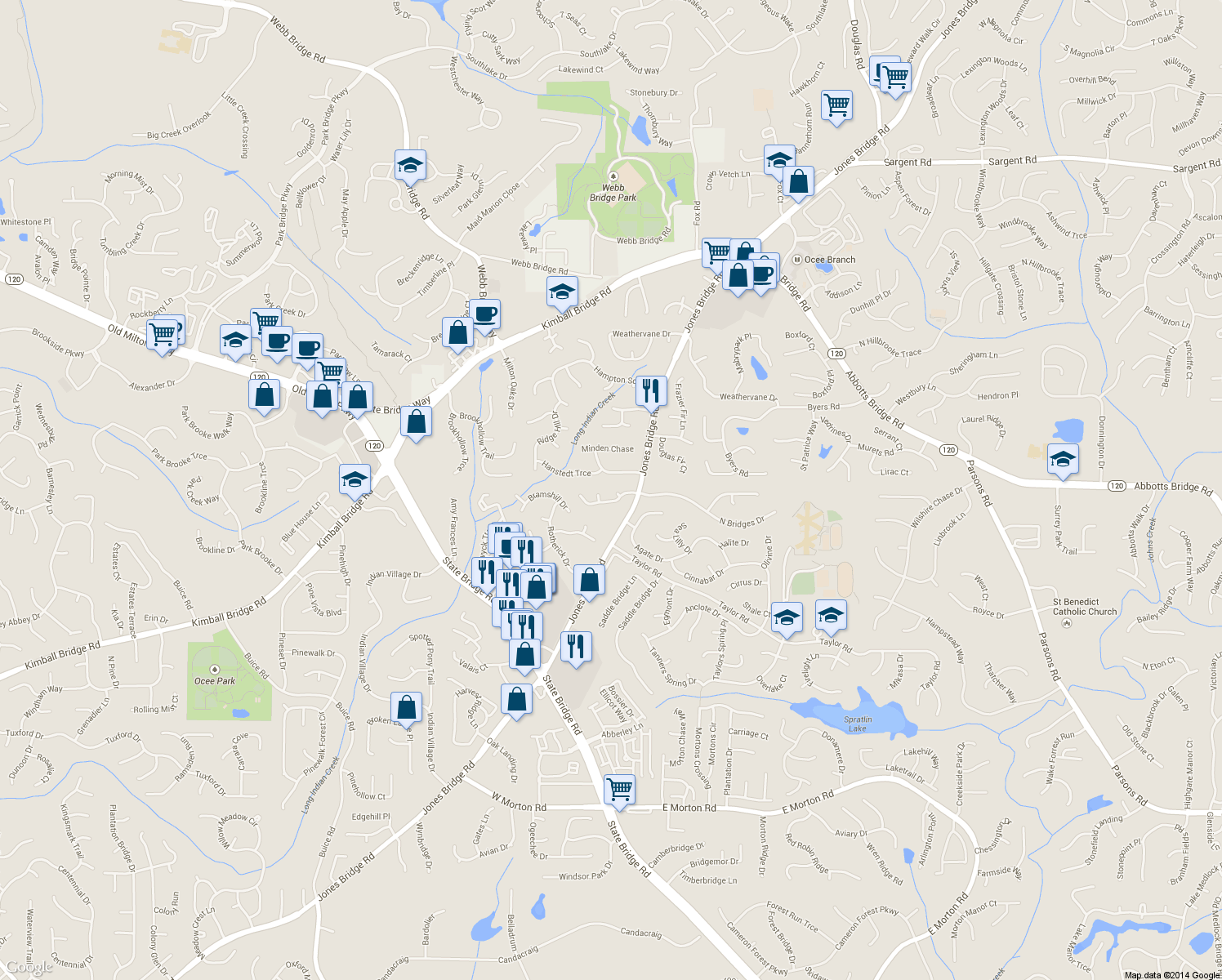 map of restaurants, bars, coffee shops, grocery stores, and more near 4800 Jones Bridge Woods Drive in Alpharetta