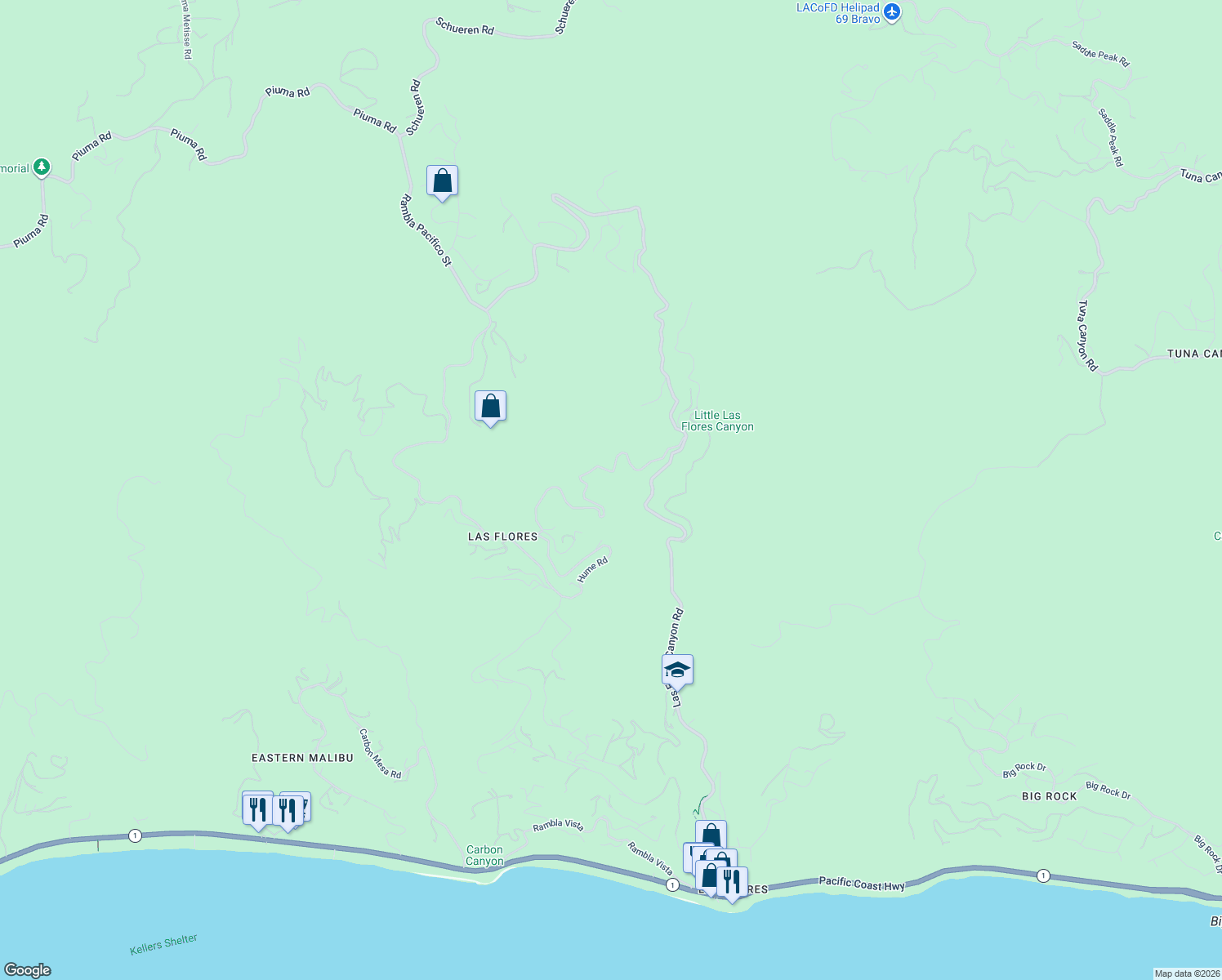 map of restaurants, bars, coffee shops, grocery stores, and more near 2683-2799 Briarbluff Drive in Malibu