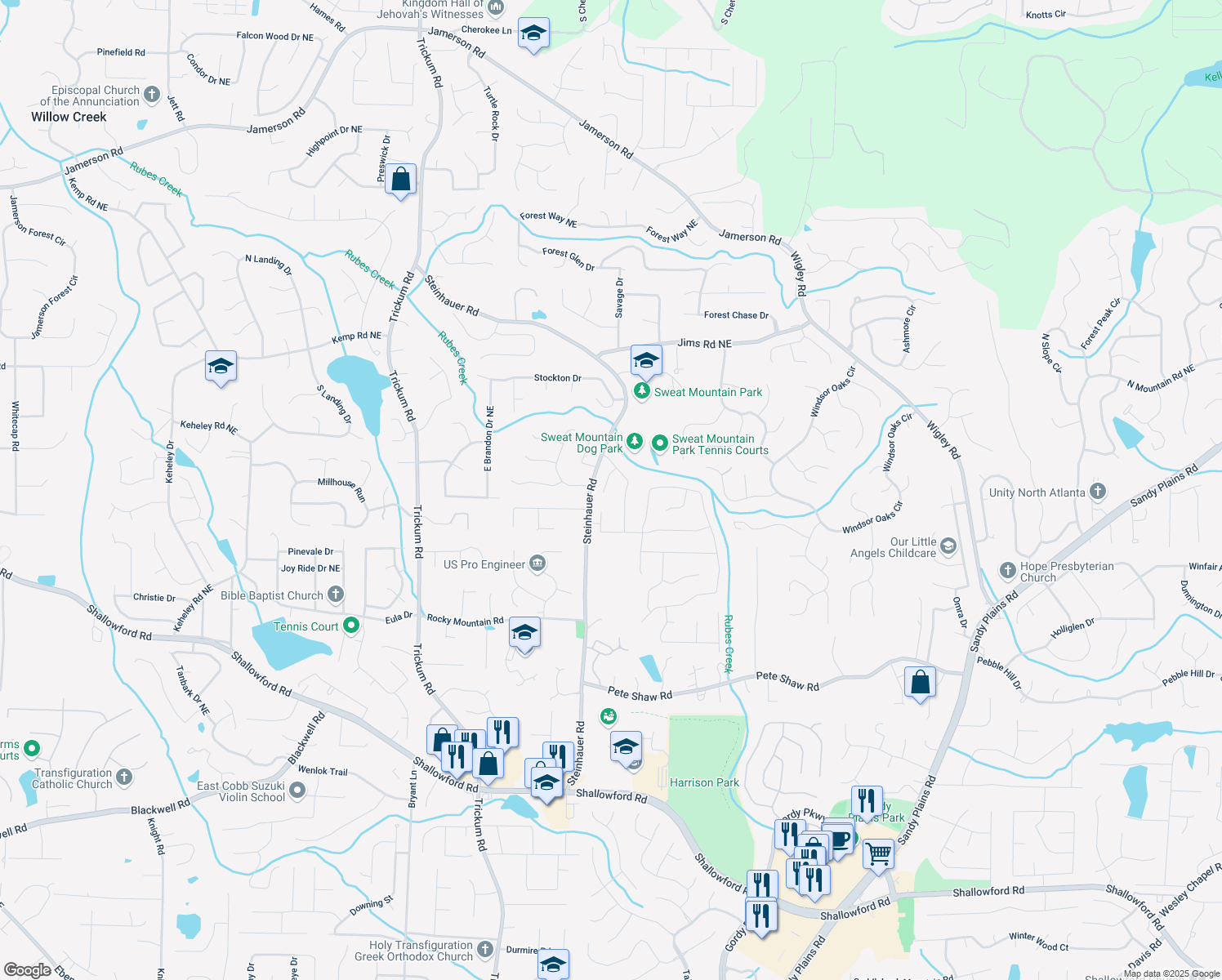 map of restaurants, bars, coffee shops, grocery stores, and more near 4314 Arbor Bridge Court in Marietta