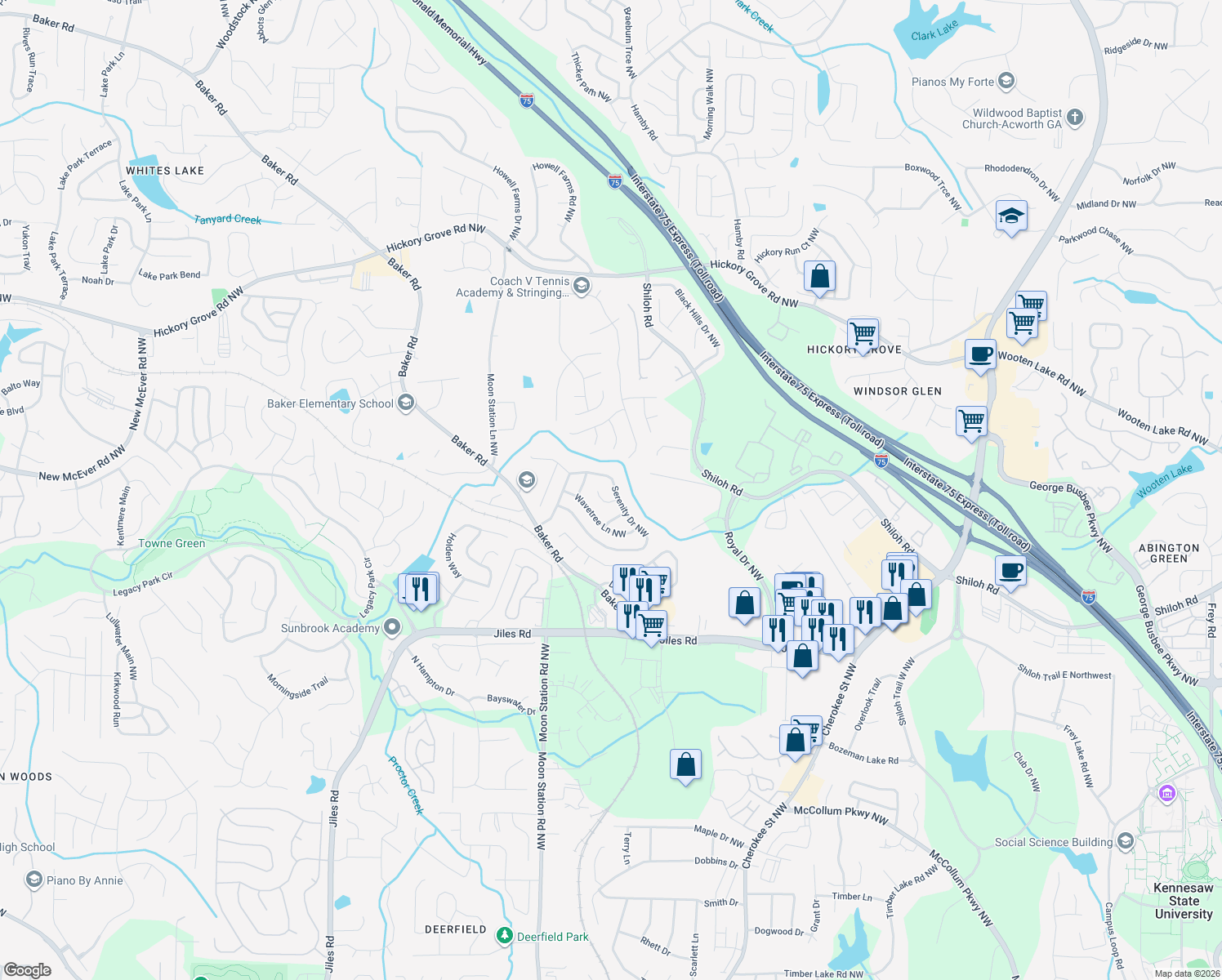 map of restaurants, bars, coffee shops, grocery stores, and more near 2197 Serenity Dr NW in Acworth