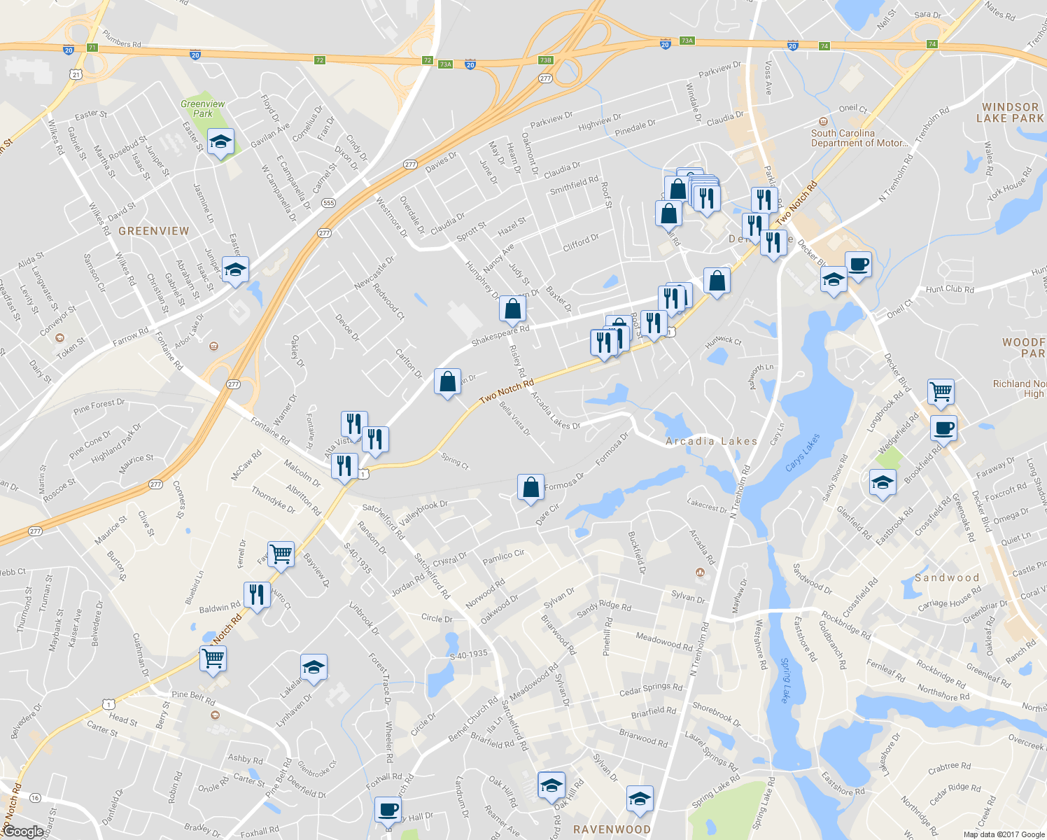map of restaurants, bars, coffee shops, grocery stores, and more near 1470 Bella Vista Drive in Columbia