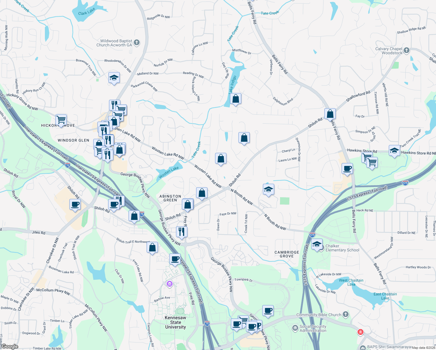 map of restaurants, bars, coffee shops, grocery stores, and more near 4204 East Emerald Drive Northwest in Kennesaw