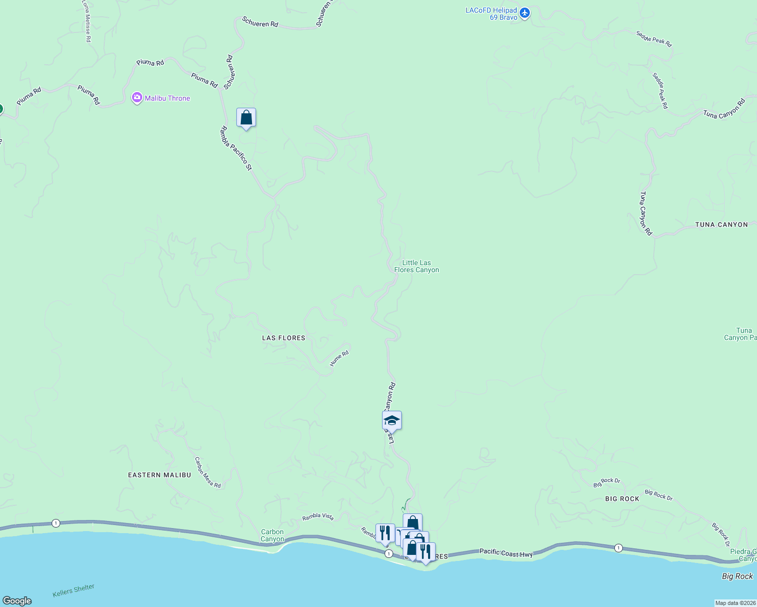 map of restaurants, bars, coffee shops, grocery stores, and more near 3000 Las Flores Canyon Road in Malibu