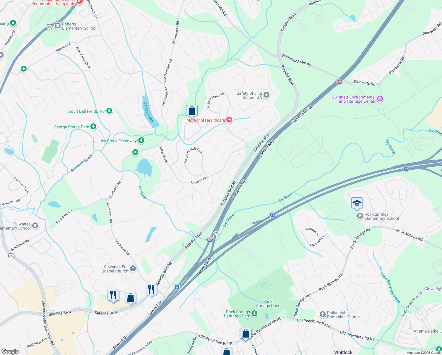 map of restaurants, bars, coffee shops, grocery stores, and more near 299 Rutlidge Park Lane in Suwanee