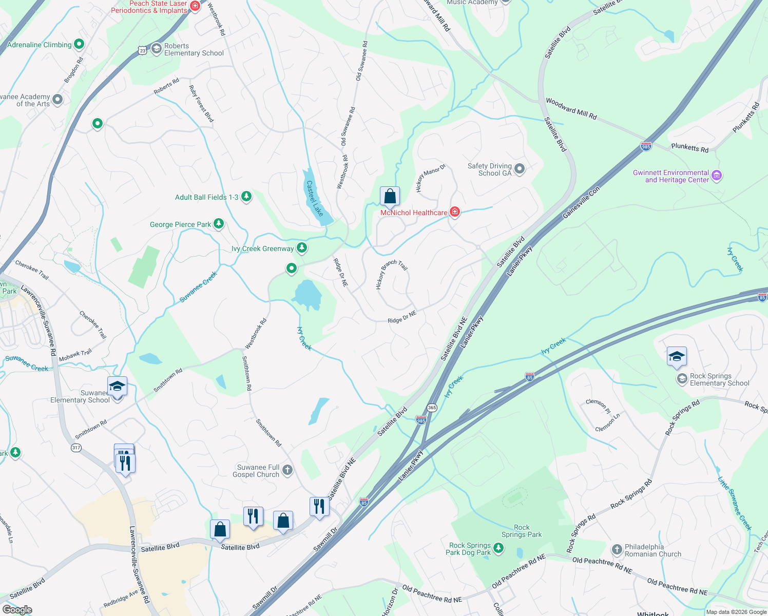 map of restaurants, bars, coffee shops, grocery stores, and more near 3795 Hickory Branch Trail in Suwanee