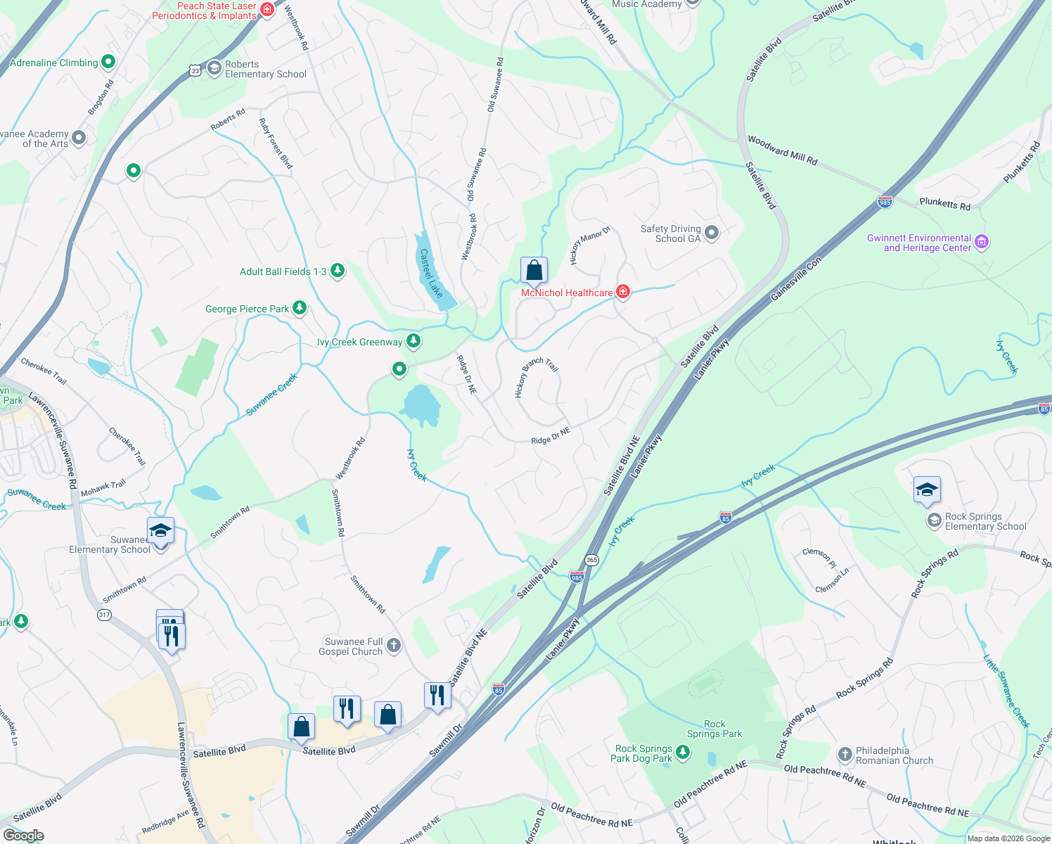 map of restaurants, bars, coffee shops, grocery stores, and more near 3795 Hickory Branch Trail in Suwanee