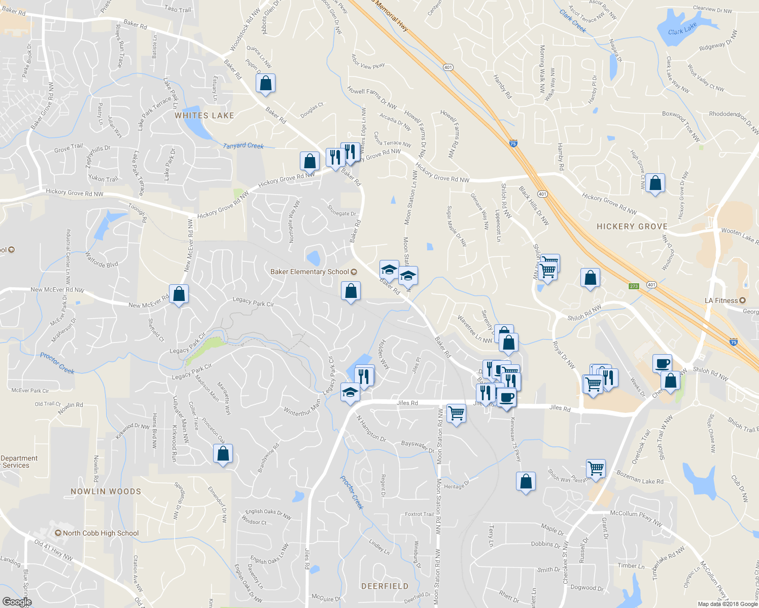 map of restaurants, bars, coffee shops, grocery stores, and more near 2366 Proctor Creek Enclave in Acworth