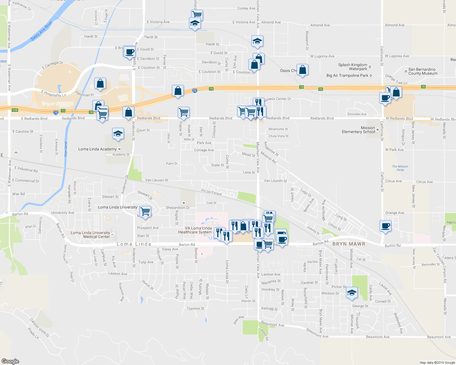 map of restaurants, bars, coffee shops, grocery stores, and more near 25505 Van Leuven Street in Loma Linda