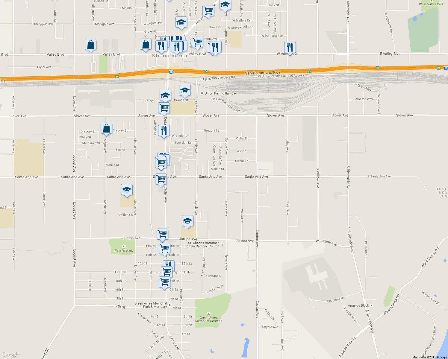 map of restaurants, bars, coffee shops, grocery stores, and more near 19083 Santa Ana Avenue in Bloomington