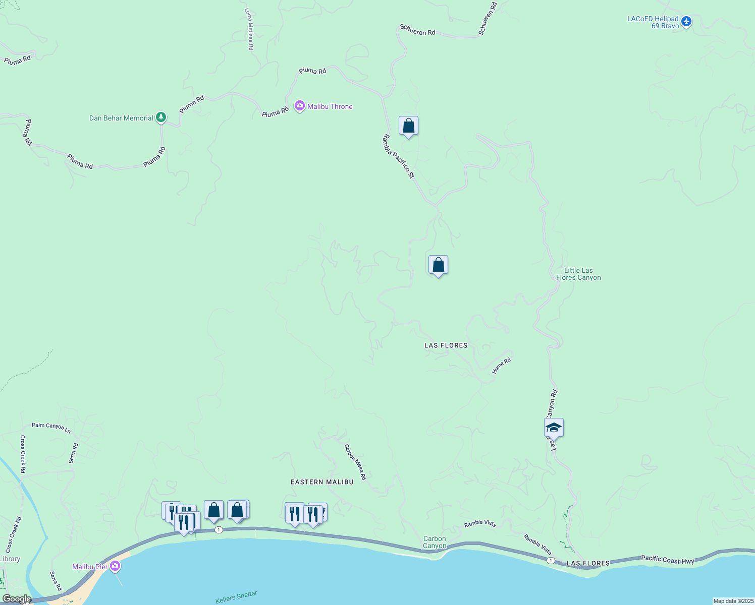 map of restaurants, bars, coffee shops, grocery stores, and more near 2401 Rambla Pacifico Street in Malibu