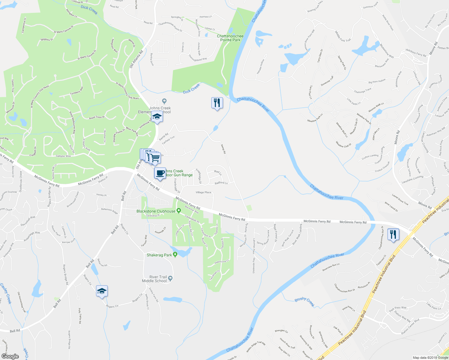 map of restaurants, bars, coffee shops, grocery stores, and more near 9145 Ruel Lane in Suwanee