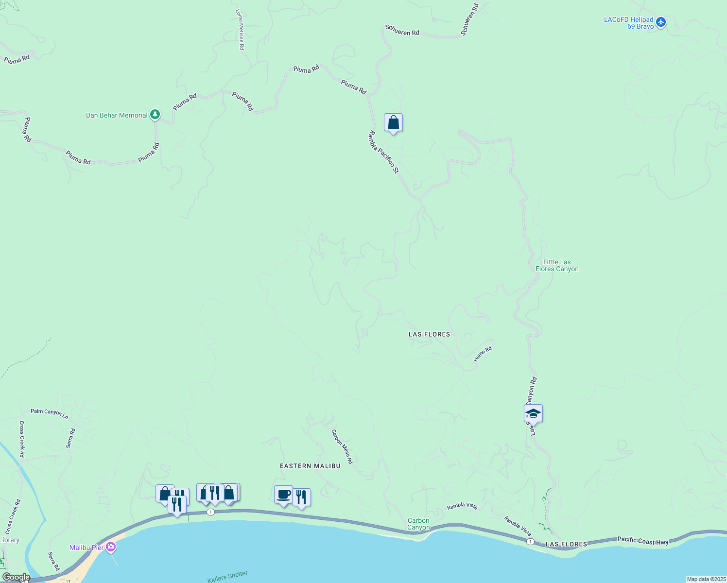 map of restaurants, bars, coffee shops, grocery stores, and more near 2401 Rambla Pacifico Street in Malibu