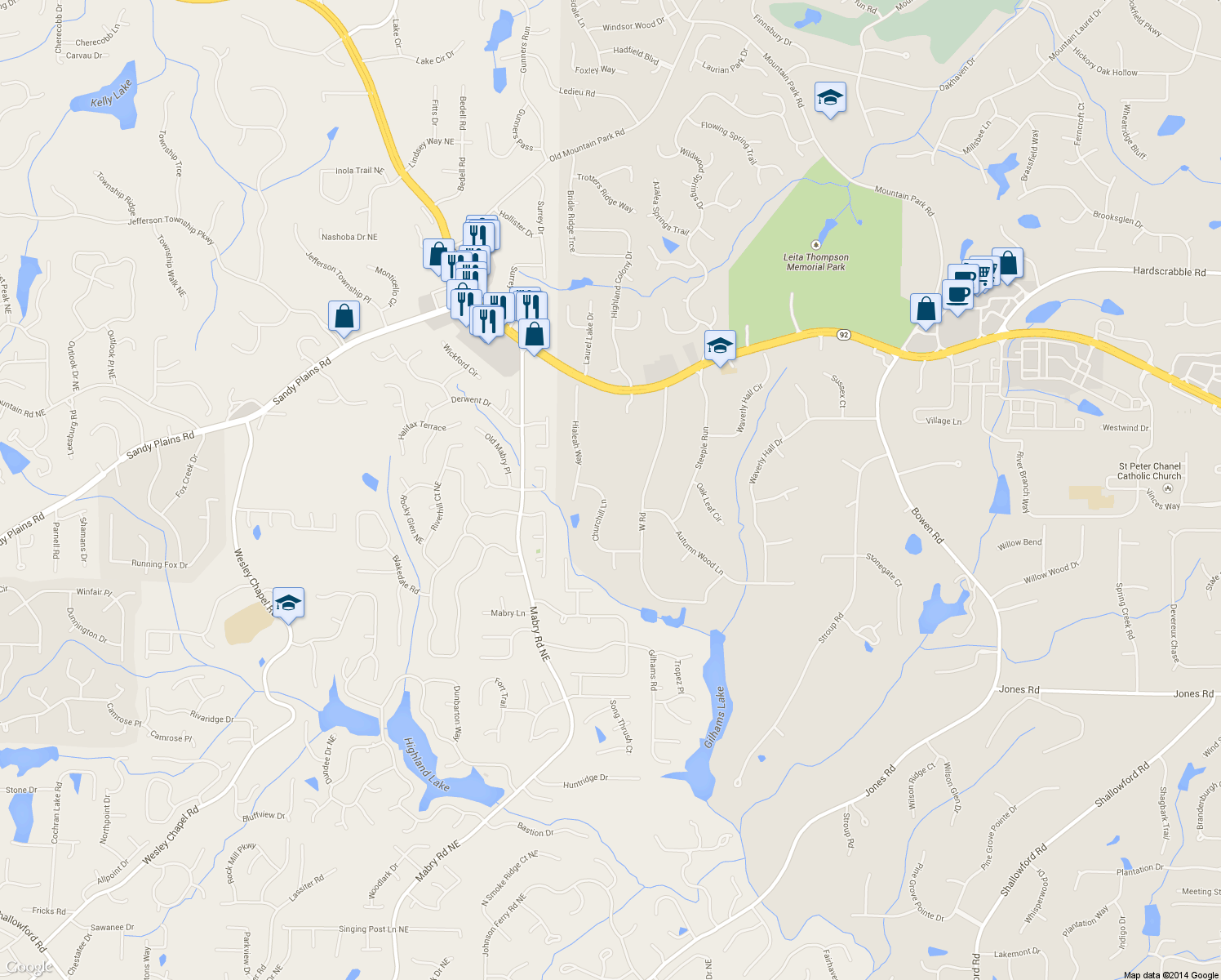map of restaurants, bars, coffee shops, grocery stores, and more near 1080 Churchill Lane in Roswell