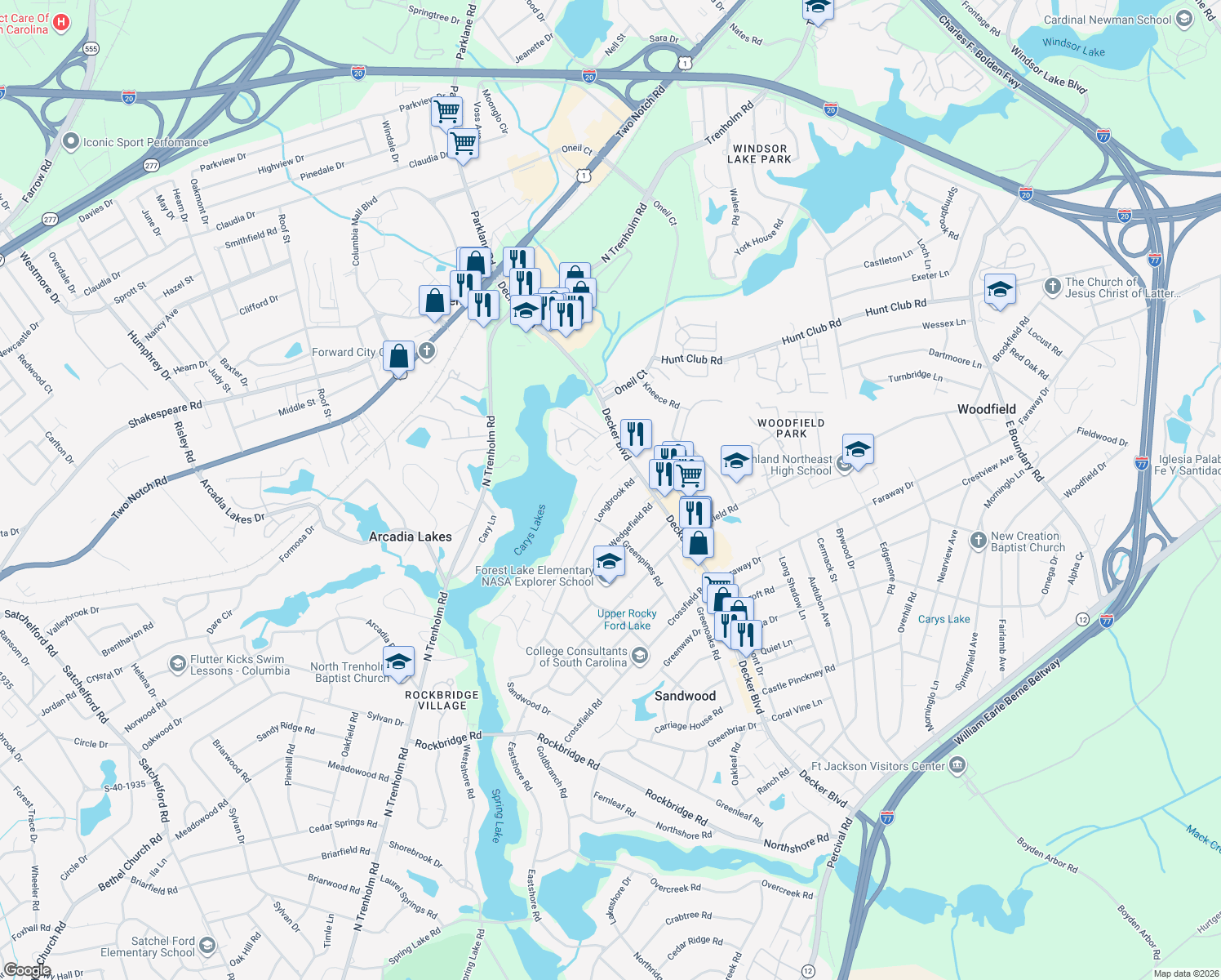 map of restaurants, bars, coffee shops, grocery stores, and more near 6923 Longbrook Road in Columbia