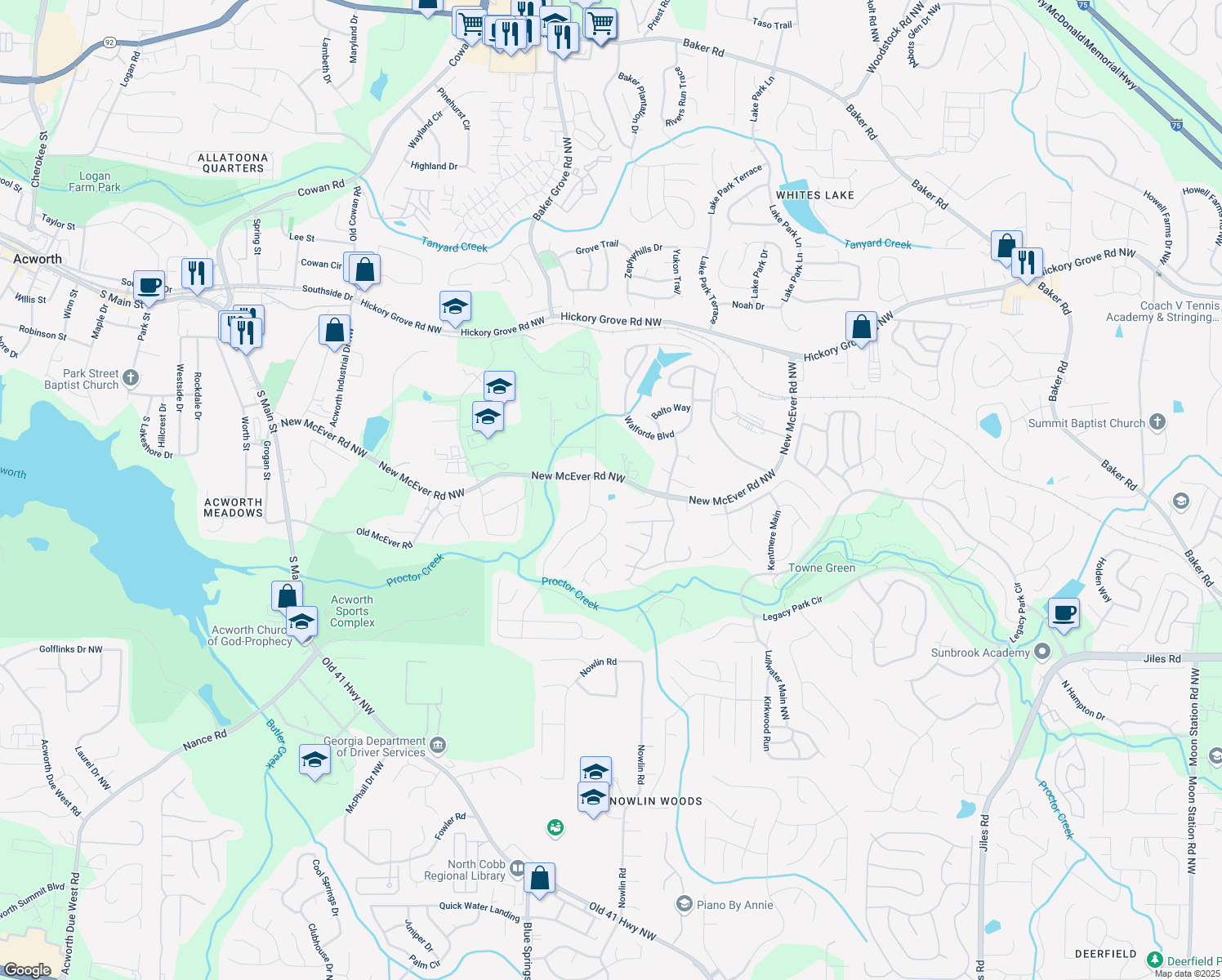 map of restaurants, bars, coffee shops, grocery stores, and more near 3311 New McEver Road Northwest in Acworth