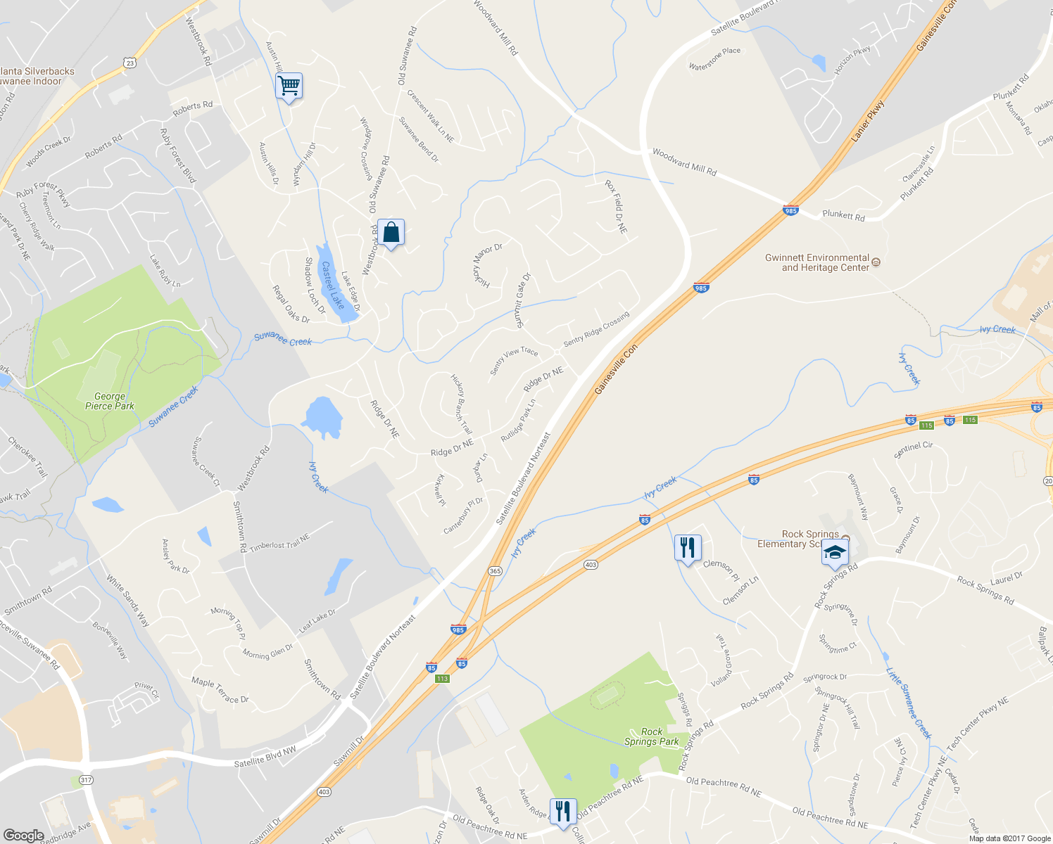 map of restaurants, bars, coffee shops, grocery stores, and more near 3498 Olivia Ridge Court in Suwanee