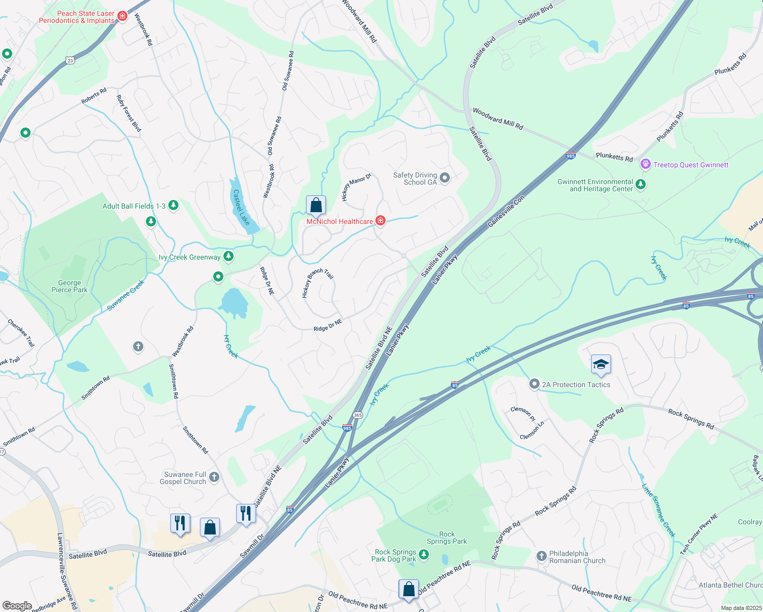 map of restaurants, bars, coffee shops, grocery stores, and more near 3498 Olivia Ridge Court in Suwanee
