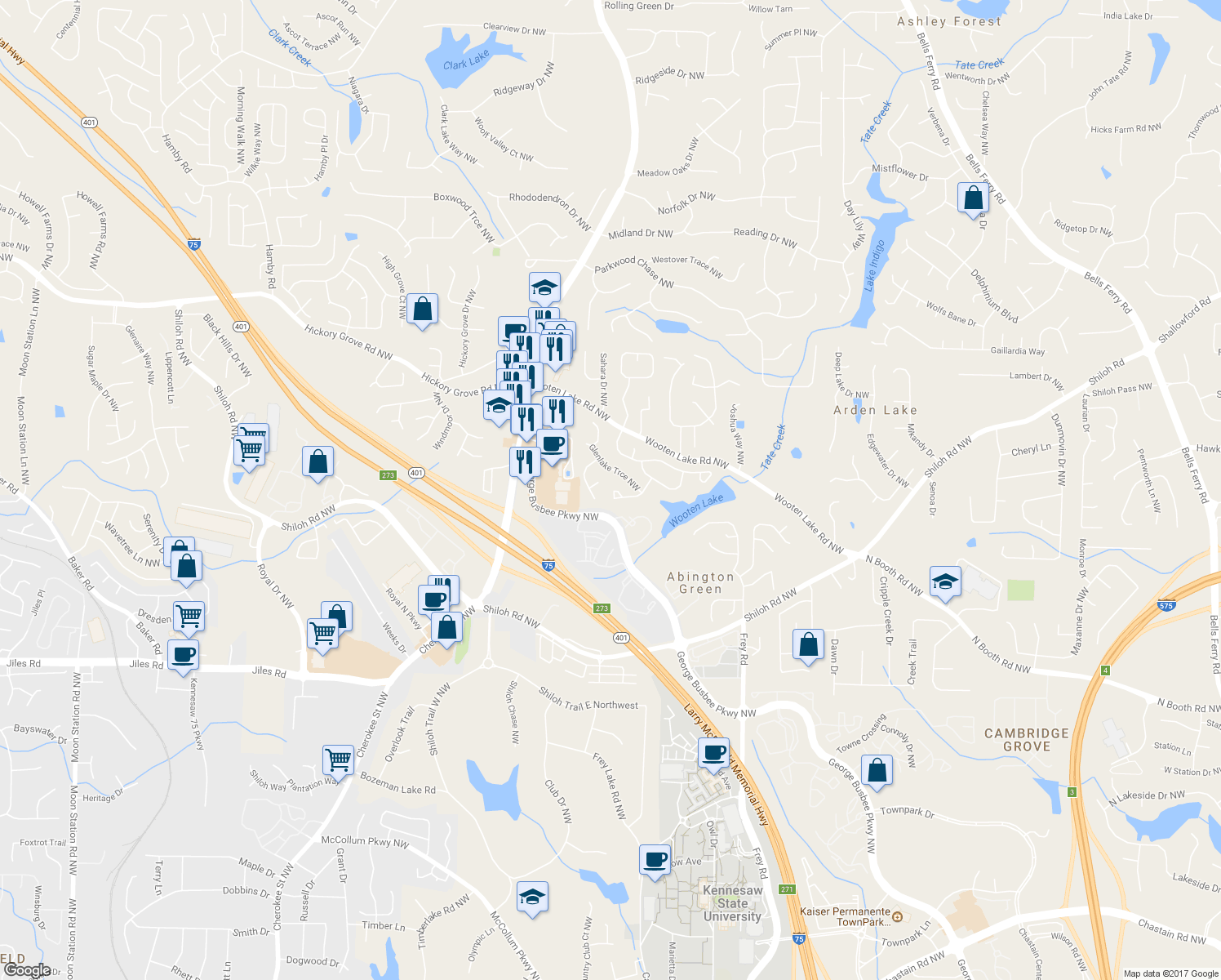map of restaurants, bars, coffee shops, grocery stores, and more near 4119 Glenlake Terrace Northwest in Kennesaw