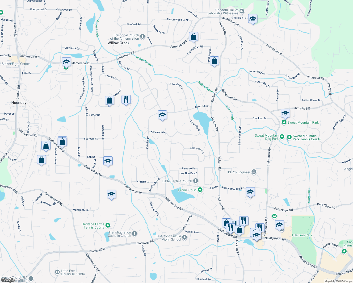 map of restaurants, bars, coffee shops, grocery stores, and more near 1657 Millhouse Landing in Marietta