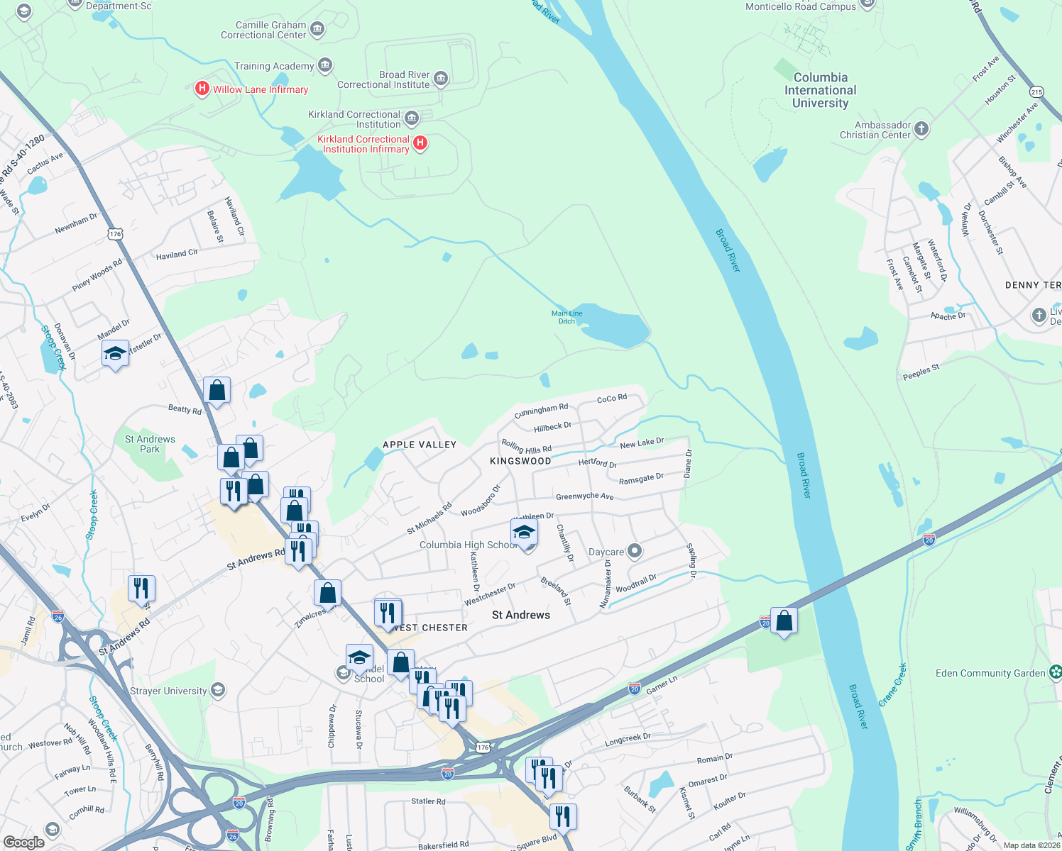 map of restaurants, bars, coffee shops, grocery stores, and more near 2201 Hillbeck Drive in Columbia