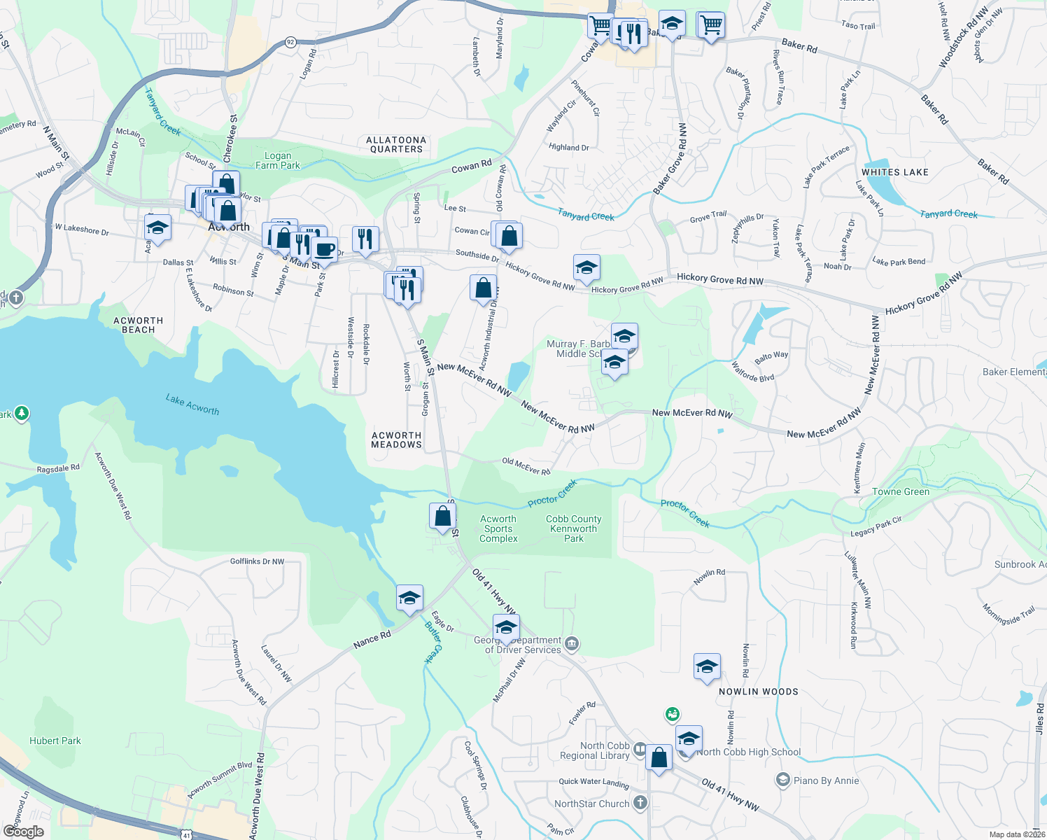 map of restaurants, bars, coffee shops, grocery stores, and more near 3701 New McEver Road Northwest in Acworth