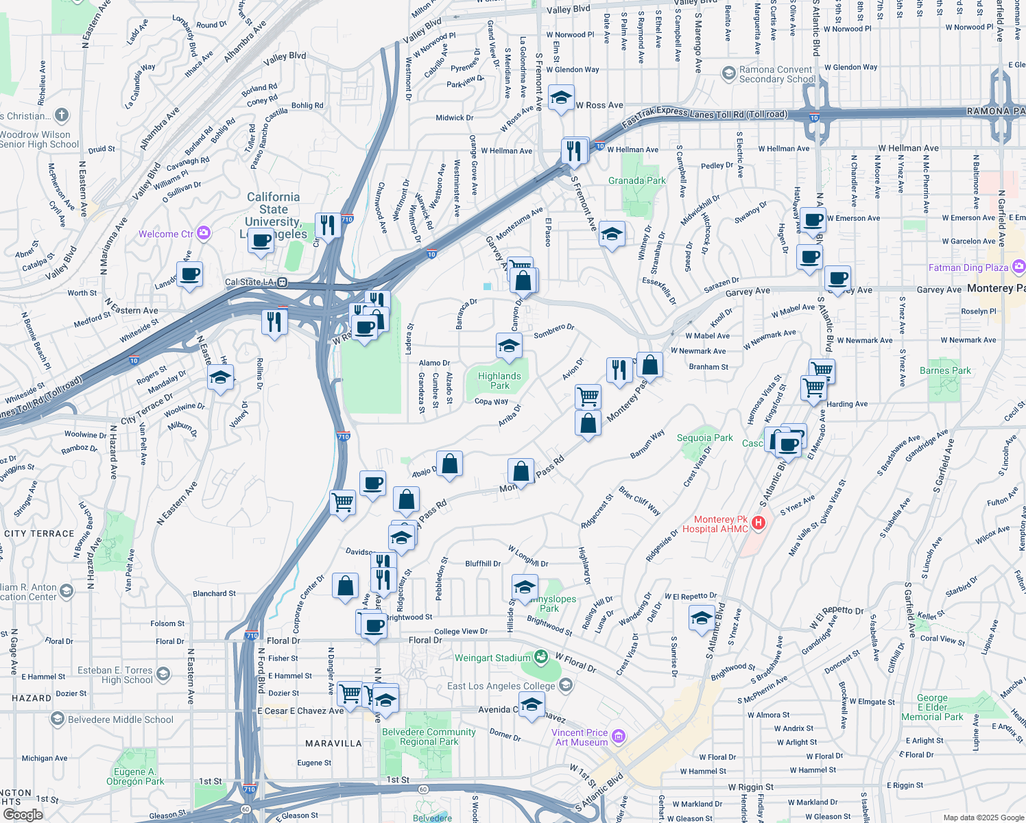 map of restaurants, bars, coffee shops, grocery stores, and more near 1737 Arriba Drive in Monterey Park