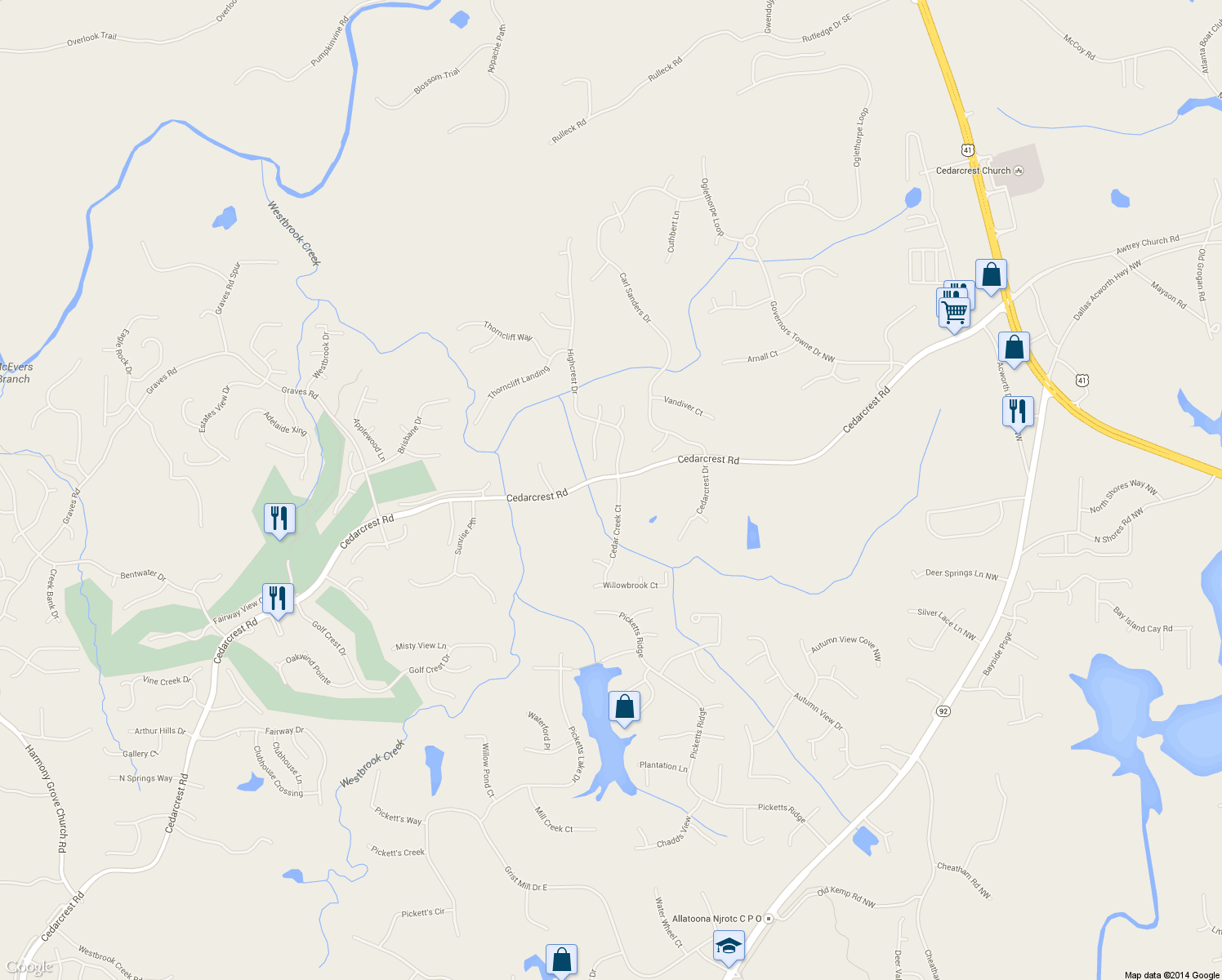 map of restaurants, bars, coffee shops, grocery stores, and more near 34 Cedar Creek Ct in Acworth