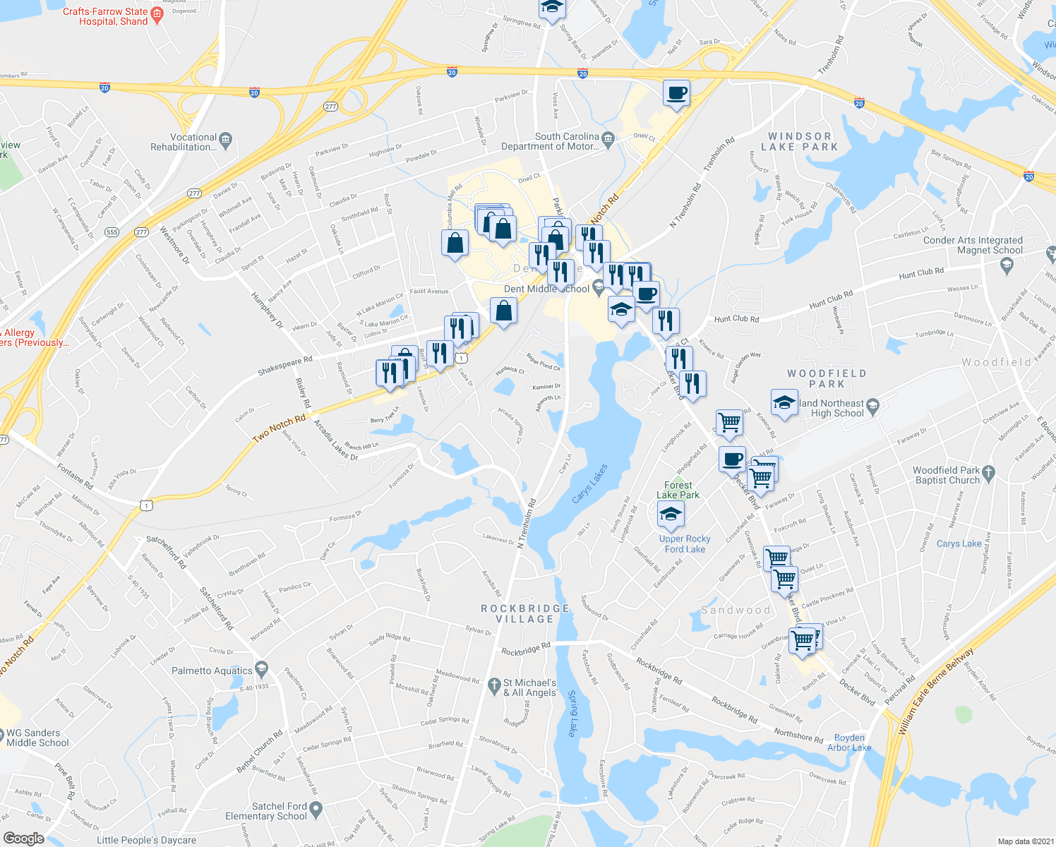map of restaurants, bars, coffee shops, grocery stores, and more near 179 Arcadia Springs Circle in Columbia